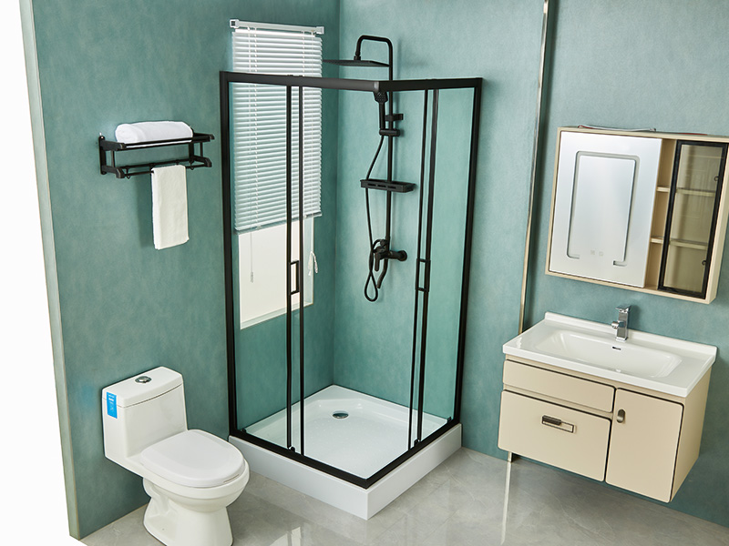 Box Doccia Scorrevole SQ, Vetro Temperato Trasparente, Profilo in Alluminio Nero, Maniglia Doppi Fori, Con Vassoio Box Doccia Scorrevole SQ, Vetro Temperato Trasparente, Profilo in Alluminio Nero, Maniglia Doppi Fori, Con Vassoio