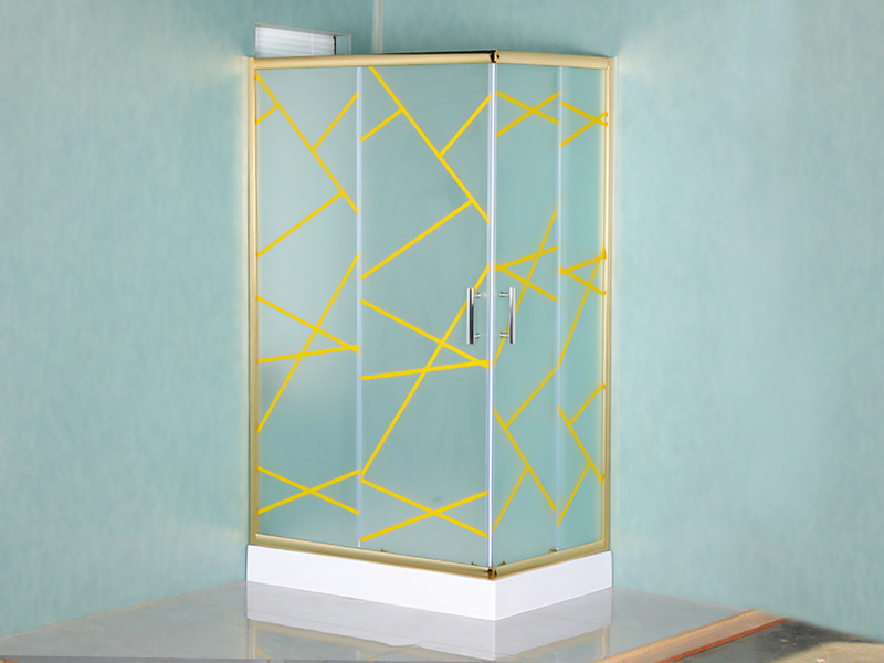 RE Box Doccia Scorrevole, Vetro Temperato Opaco Con Serigrafia, Profilo In Alluminio Oro, Maniglia Doppi Fori, Con Vassoio